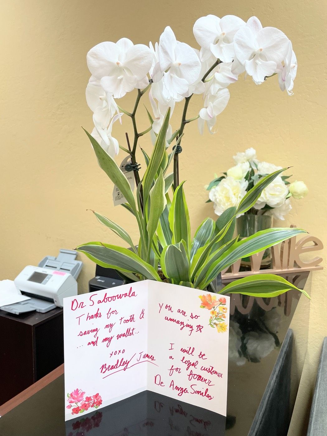 Handwritten thank-you card to Dr. Saboowala from Bradley James
