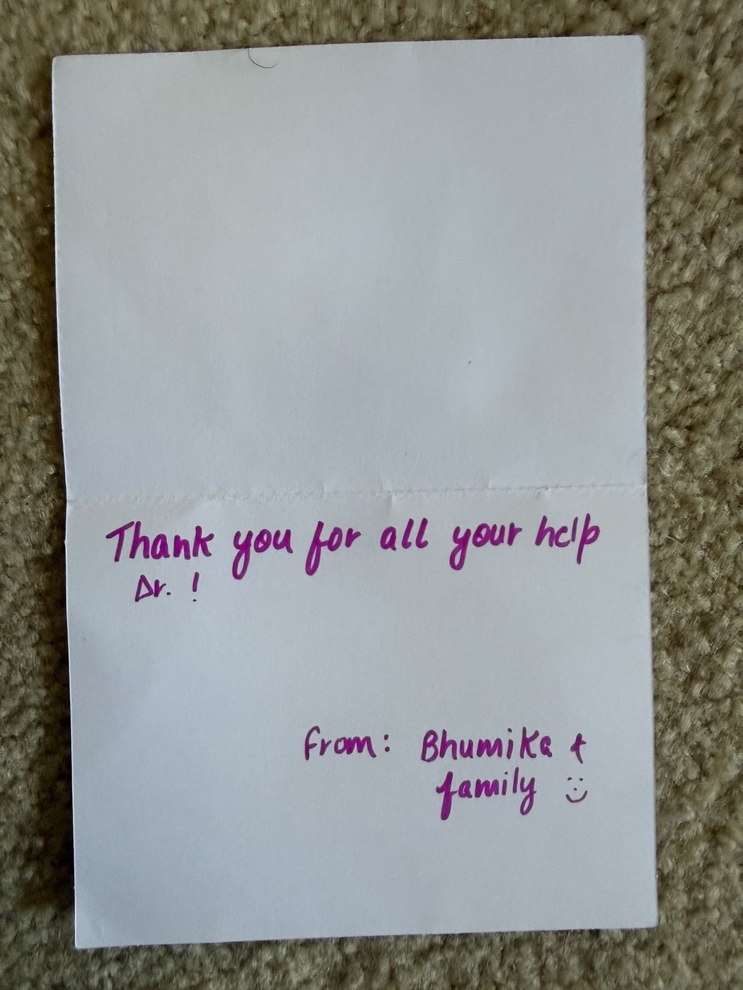 Handwritten thank-you note to Dr. Saboowala from Bhumika & family